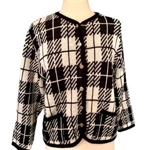 Vintage :: Black White Plaid Cardigan Tally Ho Pockets Sweater Grannycore M